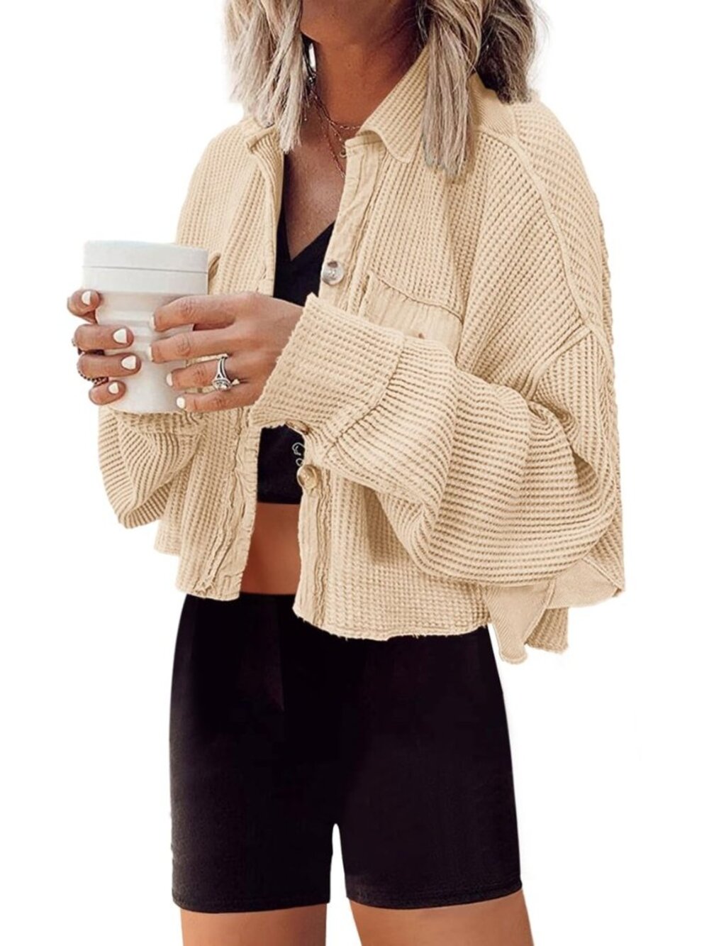 Womens Waffle Knit Jacket Cropped Cardigan
